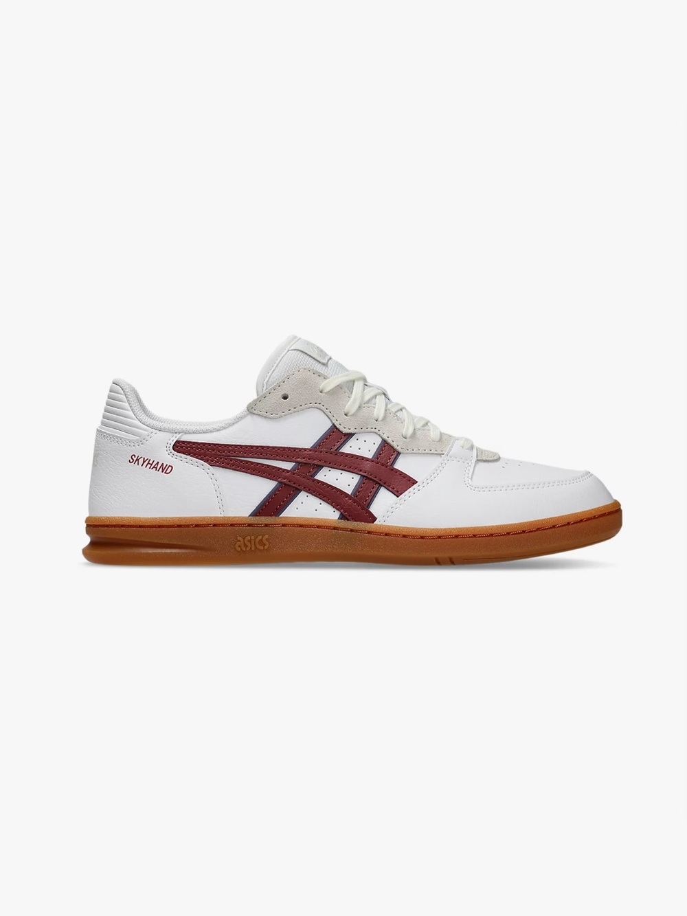 Asics Skyhand White with Maroon and Gum Sole Sneakers